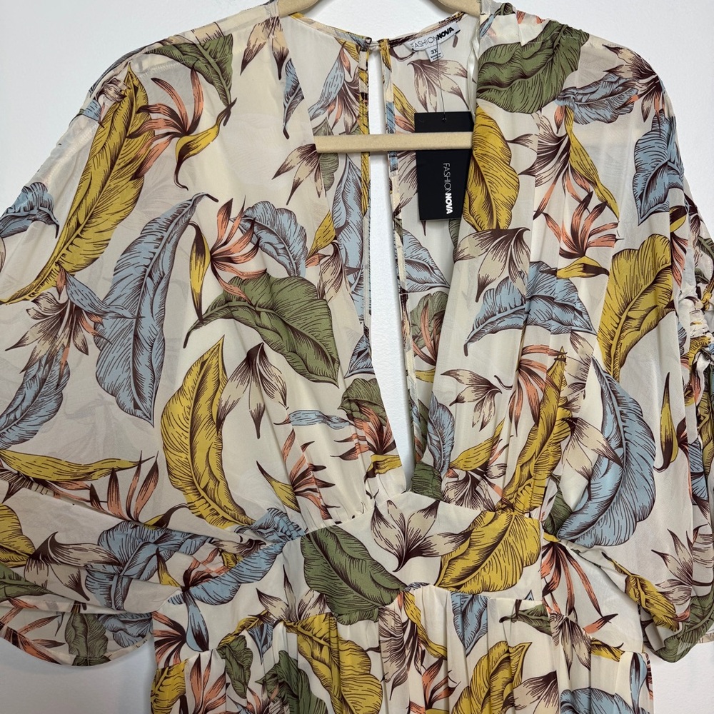 Fashion Nova Multicolor Leaf Print Maxi Dress Farrah Ivory - Picture 4 of 8